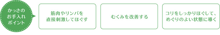 かっさのお手入れポイント[筋肉やリンパを直接刺激してほぐす][溜まった老廃物を流しむくみを改善する][コリをしっかりほぐして、めぐりのよい状態に導く]
